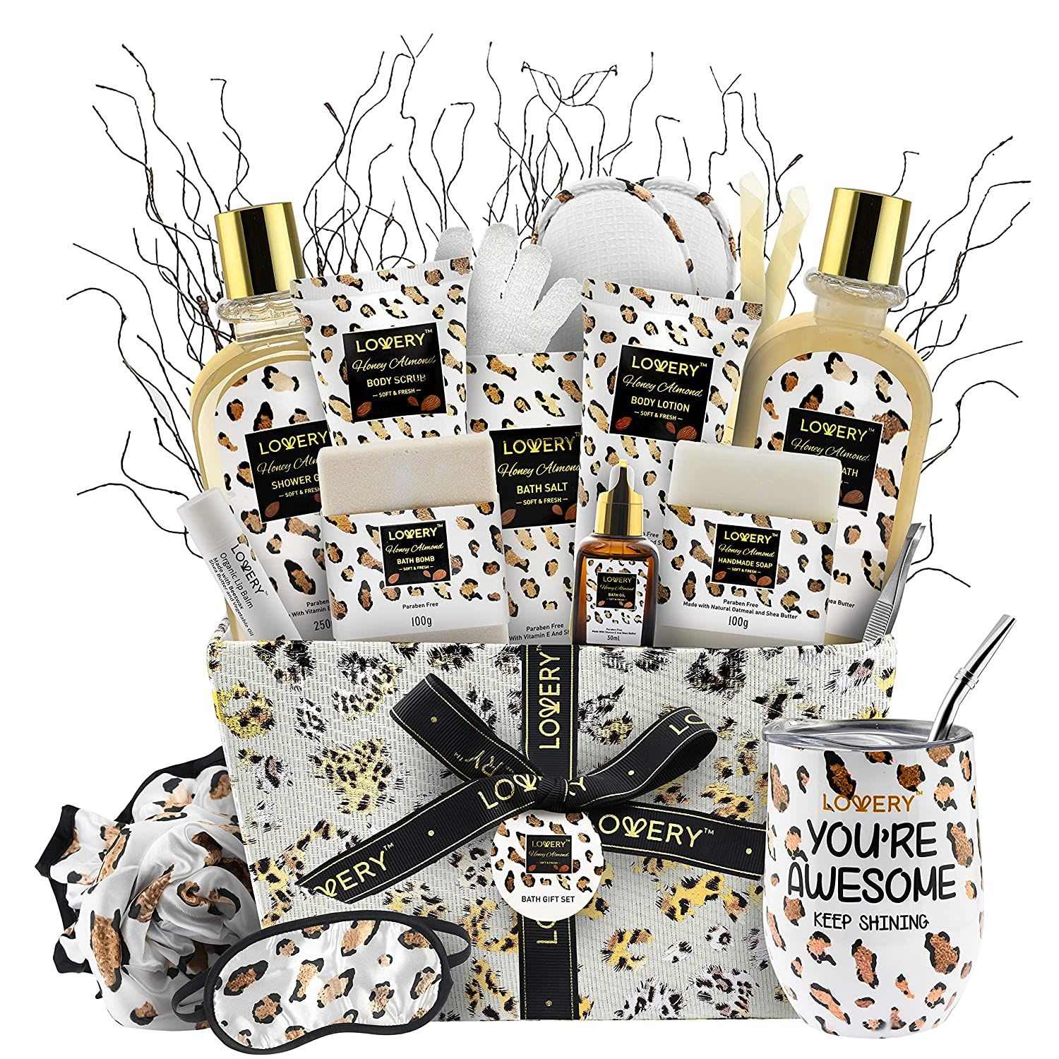 Leopard print spa gift basket with bath products, tumbler, eye mask, and accessories
