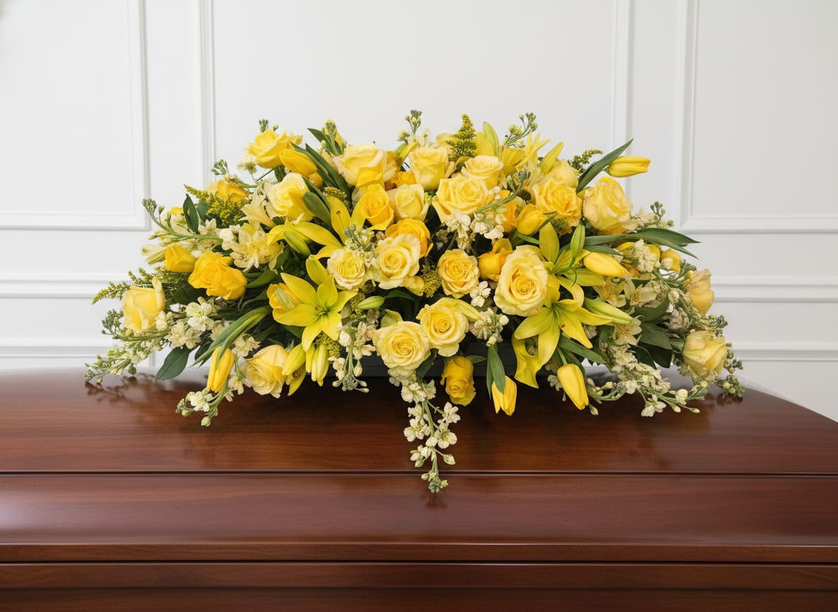Yellow Casket Cross - Large, low casket spray with yellow roses, yellow lilies and white fillers for a bright, respectful tribute
