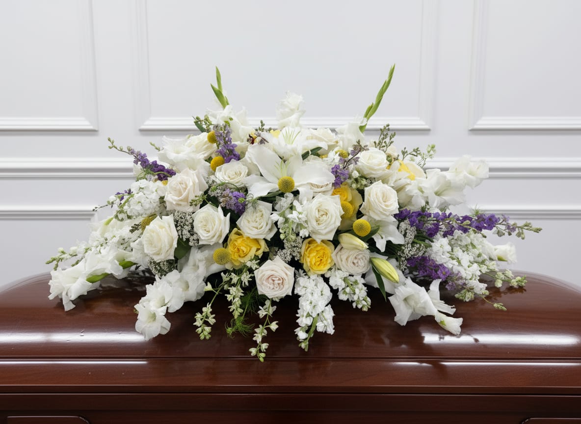 White and Yellow Casket Cover - Large, low casket spray of white roses and lilies with yellow and purple accents for a full, serene look