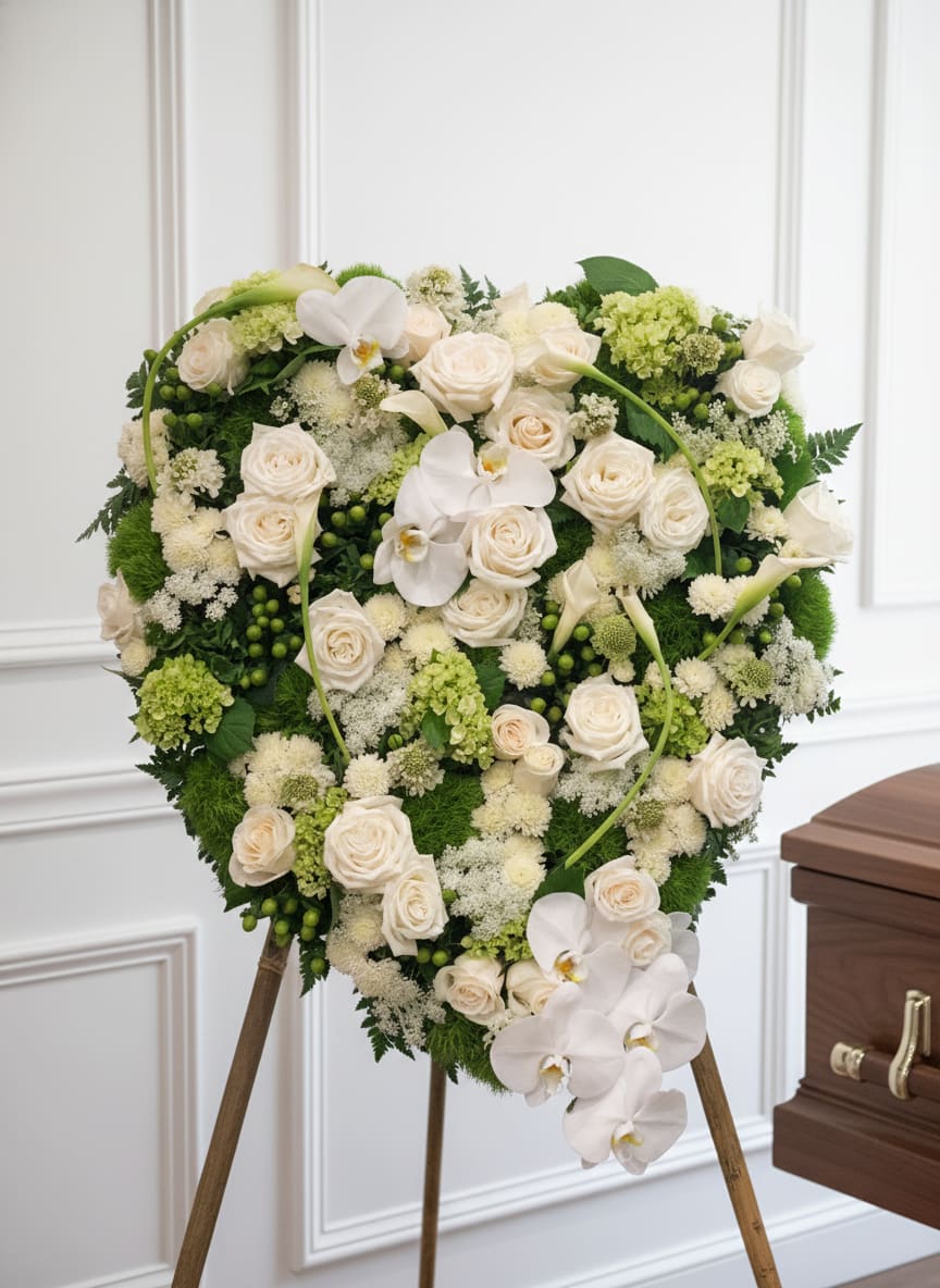 Green and White Closed Heart - Large heart-shaped standing tribute of tightly packed white roses, orchids and pale green accents on easel