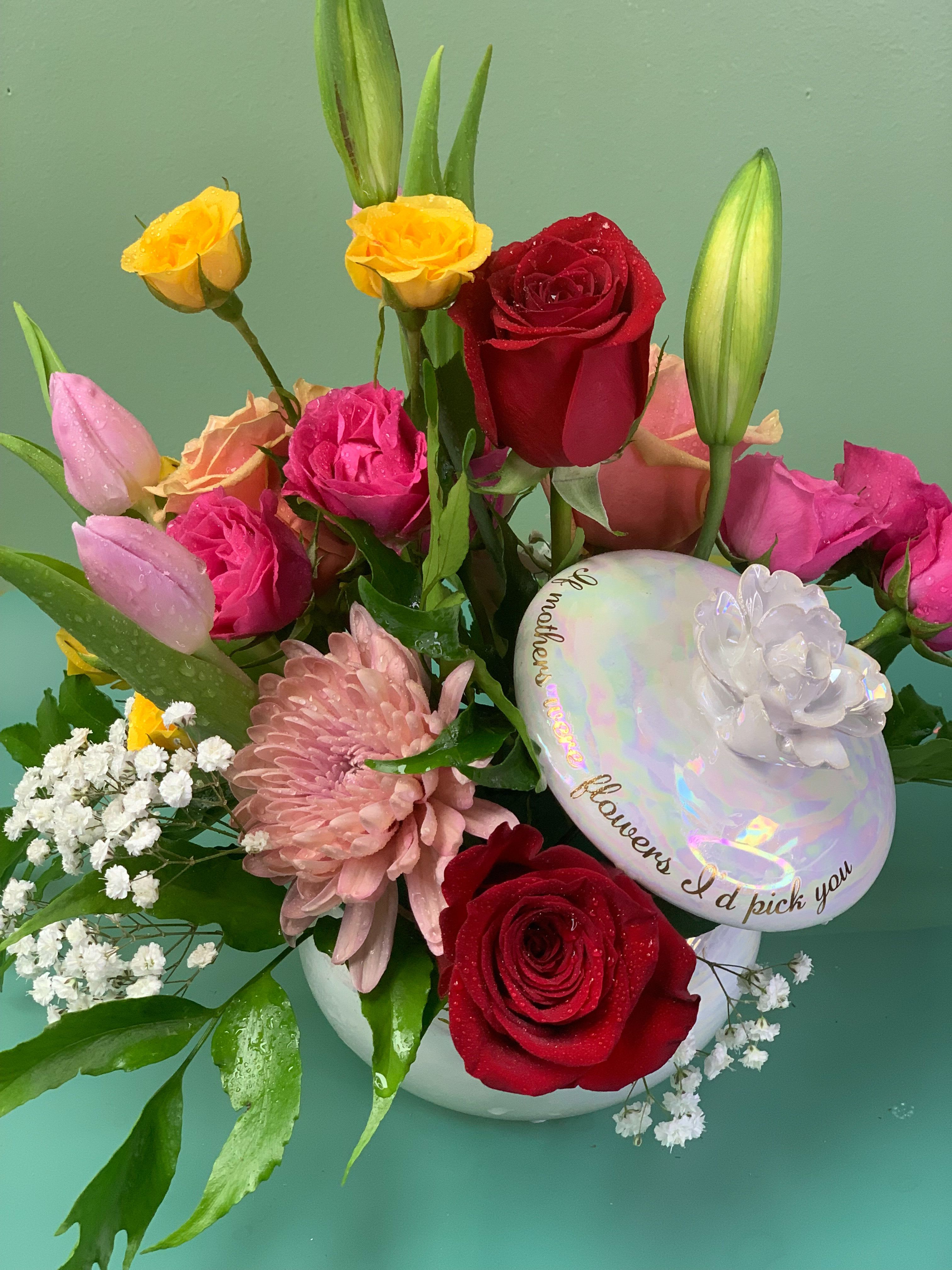 Mom's a flower - This beautiful trinket box with lid features a beautiful selection of flowers and on the lid the caption reads "If Moms were a flower I would pick you"  What  a beautiful sentiment for any person who would be considered a mom.