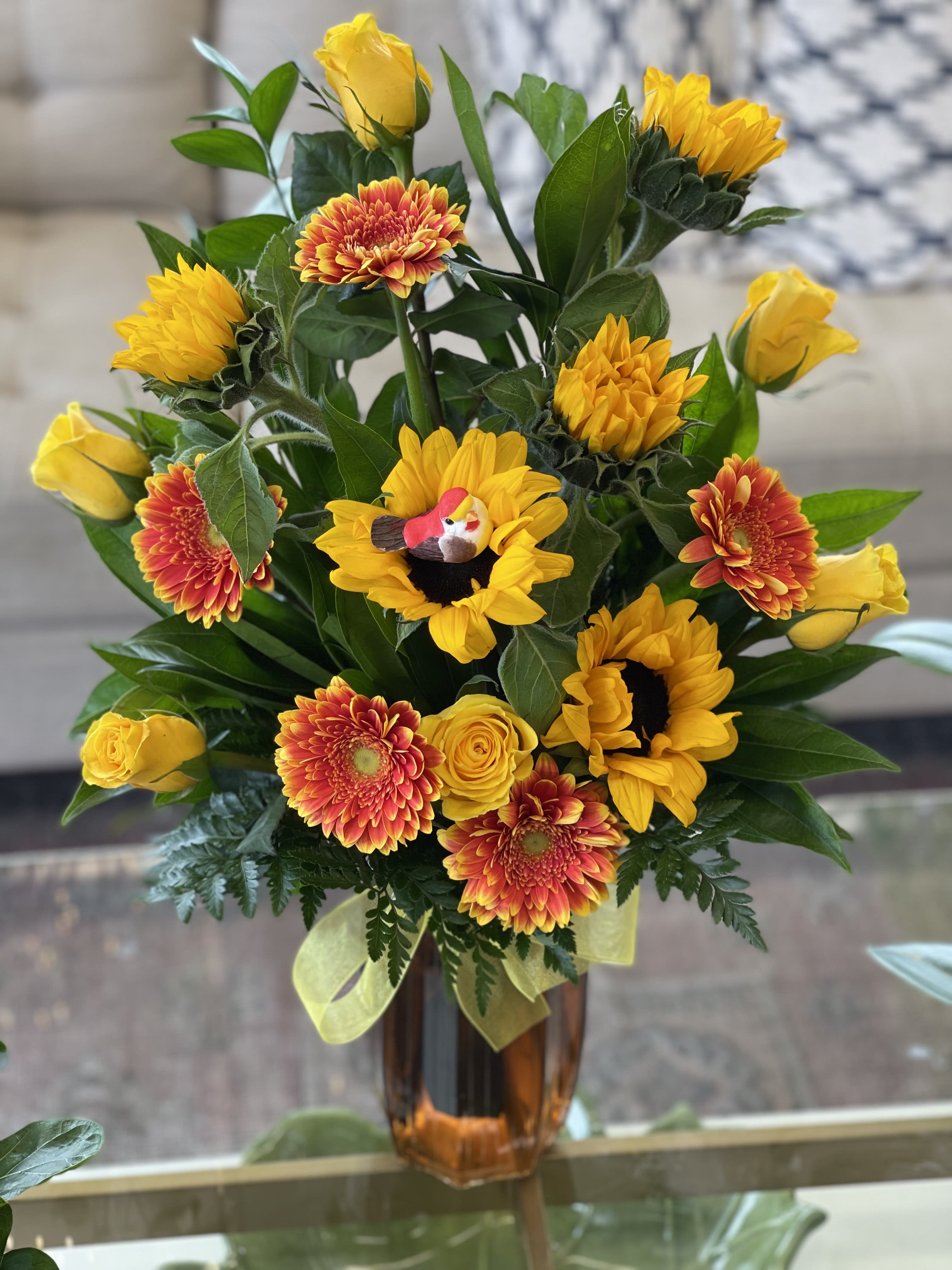 Happy Summer - Yellow roses, Sunflowers and Daisies, with a cute lil bird. (Substitutions happen , with availability of flowers)