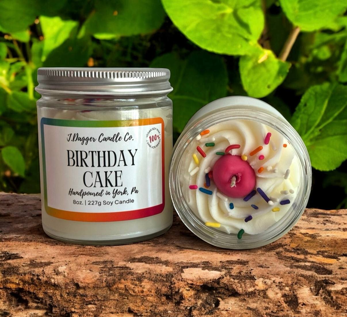 8oz. Birthday Cake Soy Dessert Candle  - -Made with 100% Soy wax and scented with phthalate free fragrance oils.  Fragrance Notes: Vanilla Buttercream, Cake Batter, Sugar  -Burn time: 30 hours  -Dimensions: 3" tall, 2.75" diameter 