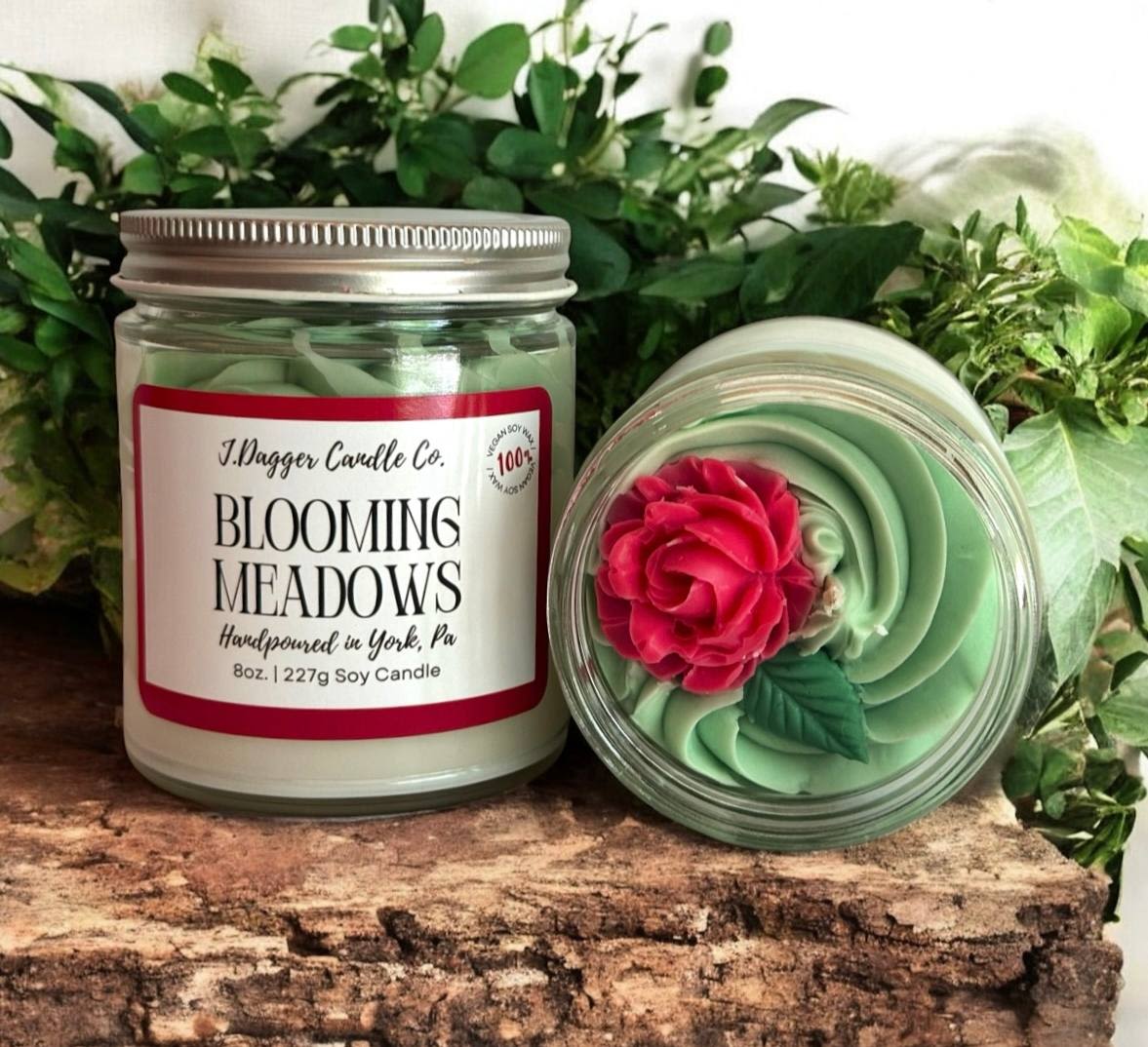 8oz. Blooming Meadows Dessert Style Soy Candle - -Made with 100% Soy wax and scented with phthalate free fragrance oils.   Fragrance Notes: Lily of the Valley, Rose, Jasmine, Lilac  -Burn Time: 30 Hours  -Dimensions: 3" tall, 2.75" diameter