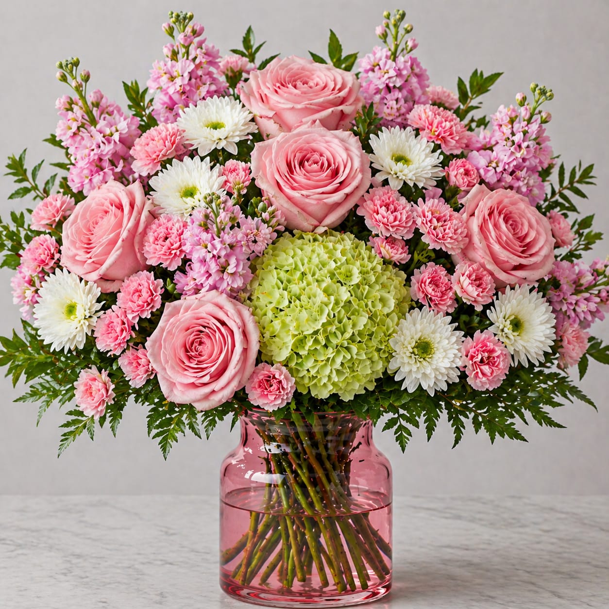 Blush Hydrangea Garden – Luxury Pink Rose Arrangement - Soft, elegant, and full of charm, our Blush Hydrangea Garden arrangement is a customer favorite designed to impress. Featuring lush light pink roses, a full green hydrangea centerpiece, delicate pink mini carnations, and fresh white daisy mums, this design creates a beautiful blend of texture, softness, and romantic color.  Handcrafted in a modern pink glass vase, this premium garden-style arrangement is perfect for birthdays, anniversaries, Mother’s Day, sympathy, or everyday flower delivery. Designed fresh by Shuffletown Flowers, your trusted Charlotte NC florist, it’s a top choice for customers searching florist near me Charlotte NC, flower delivery Charlotte NC, same day flower delivery Charlotte, pink rose arrangement delivery, hydrangea flower arrangement, birthday flowers Charlotte NC, and Mother’s Day flowers Charlotte NC.  Same-day flower delivery is available in Charlotte, NC and surrounding areas including Mount Holly, Belmont, Denver NC, and Huntersville. Each arrangement is designed daily using fresh, high-quality flowers and is ideal for home, office, hospital, or gift delivery.  This arrangement stands out with its full hydrangea base, premium rose focal blooms, and soft romantic color palette, making it a luxury floral gift with a modern, elegant feel. Customers love the soft pink tones, full premium look, and ready-to-gift vase, making it perfect for any occasion.