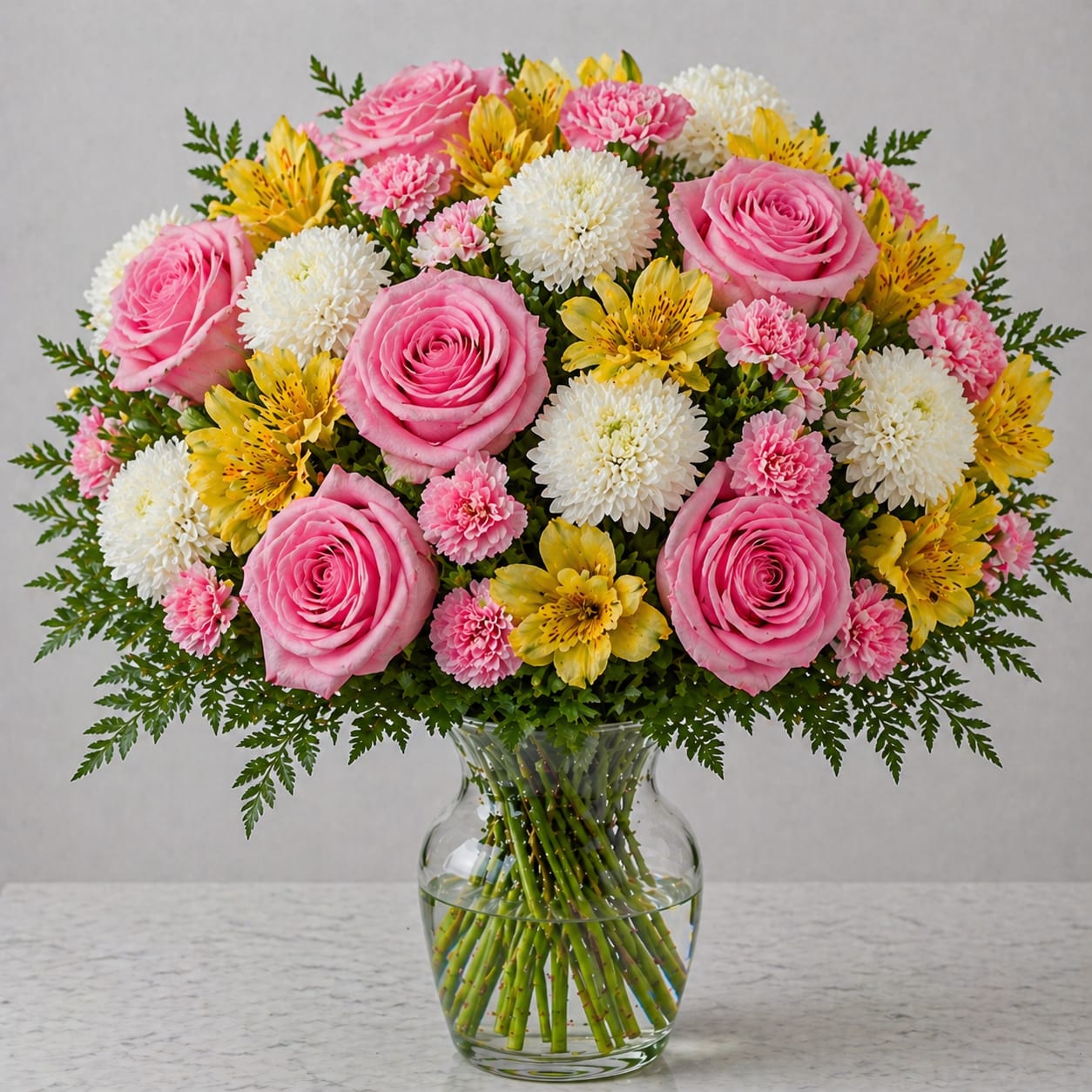 Golden Blush Garden – Pink Rose &amp; Sunny Bloom Arrangement - Bright, fresh, and full of elegance — our Golden Blush Garden arrangement blends soft romance with cheerful color. Featuring beautiful light pink roses, full white cushion mums, vibrant yellow alstroemeria, and delicate pink mini carnations, this bouquet offers a lush, garden-style design that feels both modern and timeless.  Handcrafted in a clear glass vase, this arrangement is perfect for birthdays, anniversaries, Mother’s Day, get well gifts, sympathy, or everyday flower delivery. The mix of pink, white, and yellow tones creates a balanced, uplifting look that brightens any room.