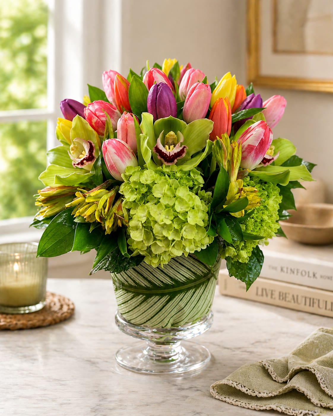 Celebration Tulips - Celebration Tulips is a fun and elegant  arrangement all in one. This design includes Tulips, Hydrangea, Cymbidium Orchids, and Alstroemeria within a glass pedestal vase lined with a tropical leaf.