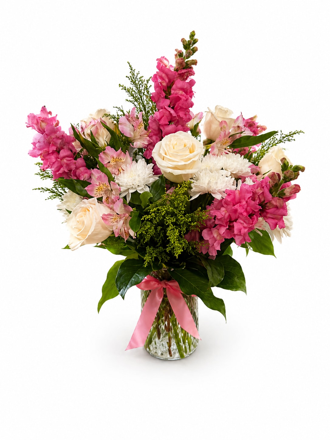 Pink Blooms Garden - Charming mix arrangement of soft pink and white blooms including roses , alstroemeria ,snapdragons and greenery in a glass vase. Perfect for everyday gifting.