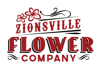 Zionsville Flower Company logo with red text and floral icons