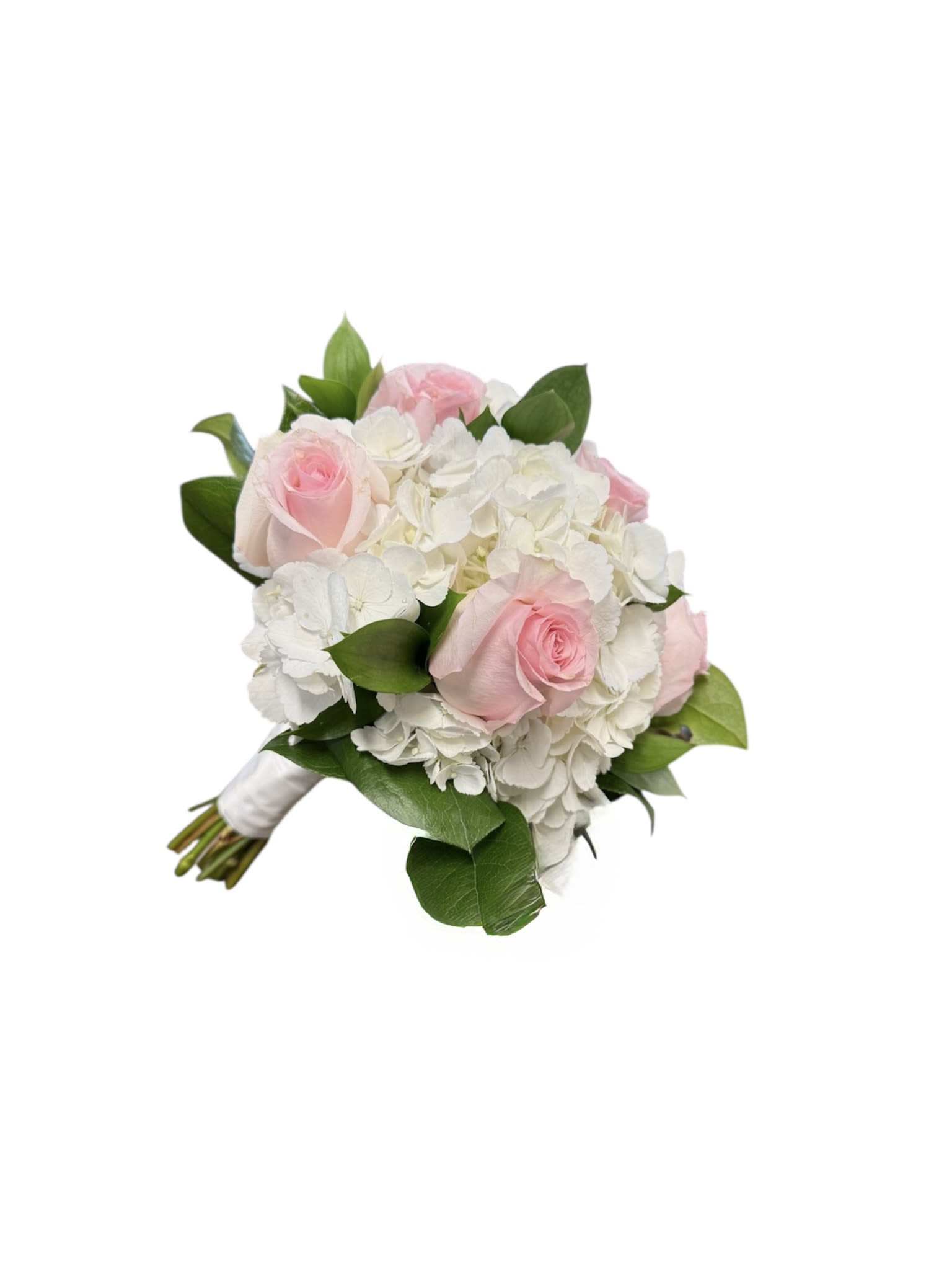Pink roses and white hydrangeas in a hand-tied bouquet