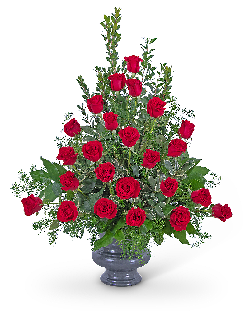 Tall bouquet of red roses in a gray vase