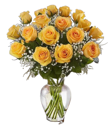 Yellow roses arranged in a clear glass vase with baby's breath