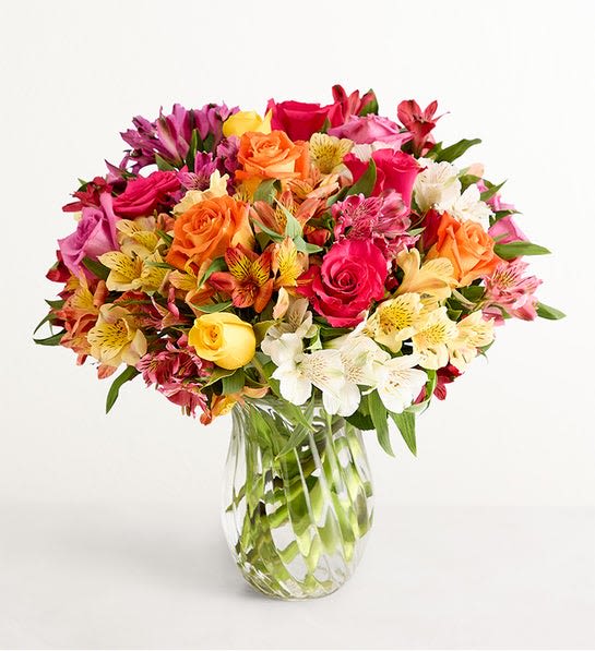 Assorted Roses &amp; Peruvian Lily Bouquet for Mom - Brighten Mom’s day with our lively bouquet. Lush with roses and Peruvian lilies, this colorful mix of blooms is a wonderful way to reach out and show your love and appreciation.