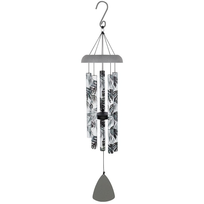 Hanging metal wind chime with leaf-patterned tubes