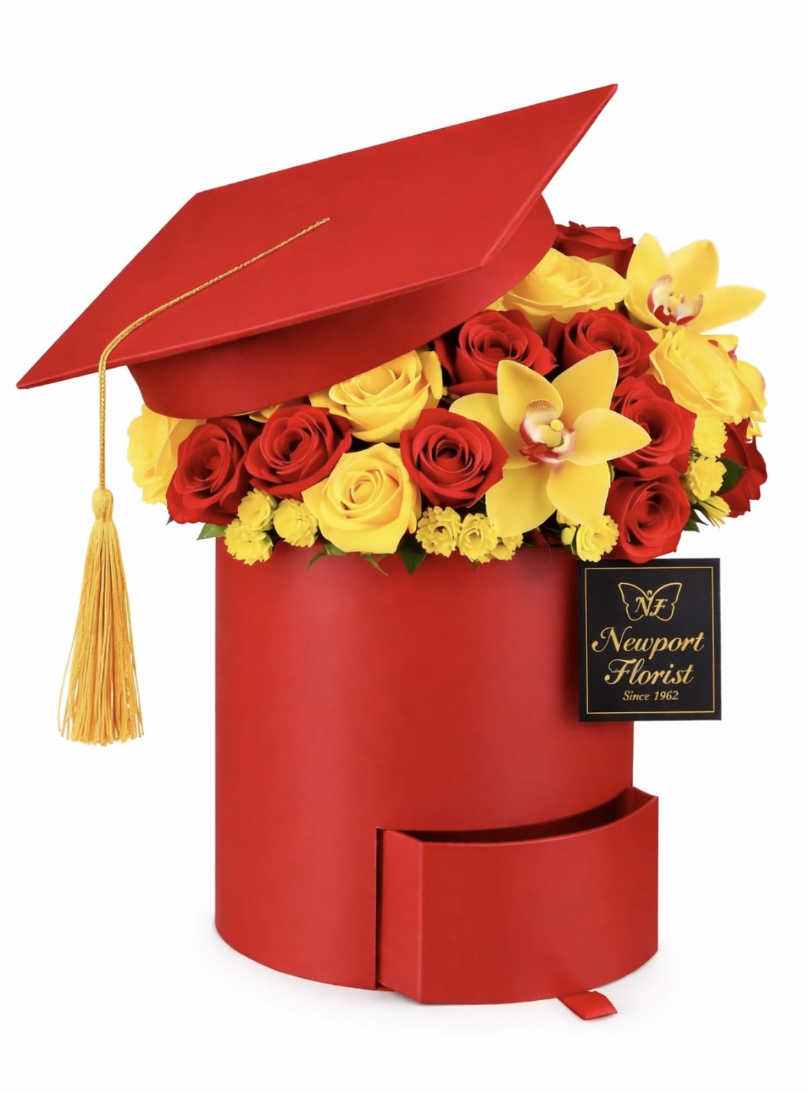 Crimson &amp; Gold Honors Collection NF-Y49 - Bright red and gold roses burst from a graduation cap-shaped box, making this flower arrangement an unmistakable graduation bouquet and celebratory gift for commencement, diploma parties, or academic honors. The crimson and yellow palette-accented by a gold tassel and a sleek black brand tag-creates a polished, festive look that will make the recipient feel honored and celebrated the moment they see it.  Tightly packed red and yellow roses form the lush, eye-catching top, with a few yellow orchid blooms and tiny yellow filler flowers adding contrast and delicate texture. The arrangement sits in a red graduation cap box that doubles as keepsake presentation; the gold tassel is a thoughtful touch that echoes the achievement being celebrated.  Perfect for the new graduate, proud family member, or faculty honoree, this design reads as both joyful and sophisticated-the kind of gift that makes someone feel truly seen for their accomplishment. Sized to sit center stage on a party table or desk, it arrives ready to display with minimal care: keep blooms in a cool spot away from direct sun and replenish water as needed to extend freshness.