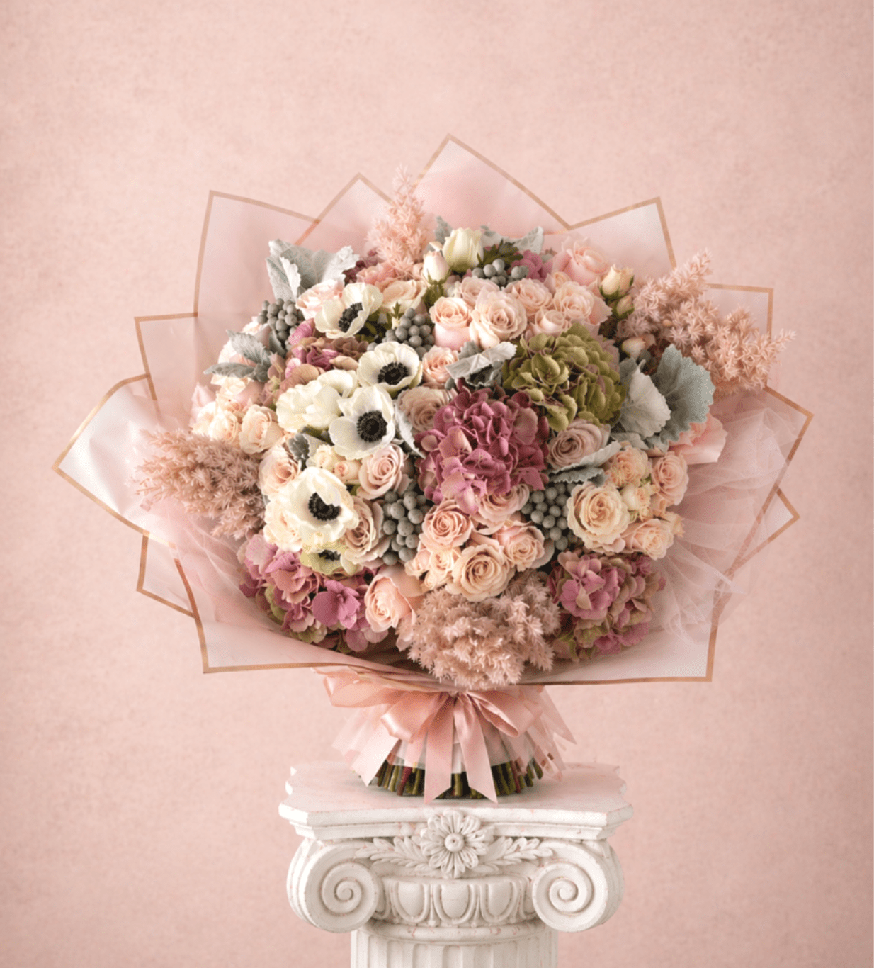 Etheral Essence  - Brighten any space with our Elegant Flower Bouquet! Bursting with vibrant blooms, this stunning arrangement features seasonal favorites paired with lush greenery for a breathtaking display.  Perfect for any occasion, it makes an ideal gift or a special treat for yourself. Elevate your decor with this captivating bouquet that brings joy and sophistication to your home or office.  Order yours today and let the beauty of flowers inspire you!