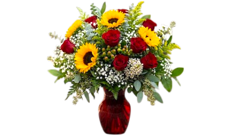 Mother's Day Drama Queen - Bright sunflowers and deep red roses create an eye-catching contrast in this flower arrangement -vibrant, romantic, and rustic- a dramatic, joyful choice for Mother's Day. 