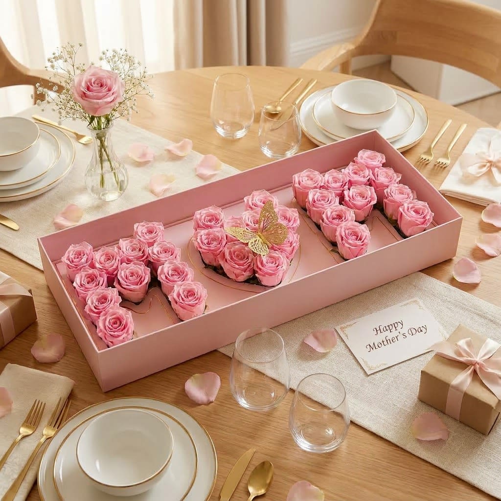 Sweetest Mom Rose Box - Say it without saying a word. Sweetest Mom Rose Box features premium soft pink roses meticulously arranged to spell out LOVE inside an elegant blush-toned keepsake box. Accented with delicate detailing and a refined presentation, this design brings together romance, sophistication, and heartfelt meaning in one unforgettable piece.  Perfect for Mother’s Day, anniversaries, or simply reminding someone how much they mean to you, this arrangement is designed to make a lasting impression the moment it’s opened. Display-ready and effortlessly chic, it’s more than flowers—it’s a statement.