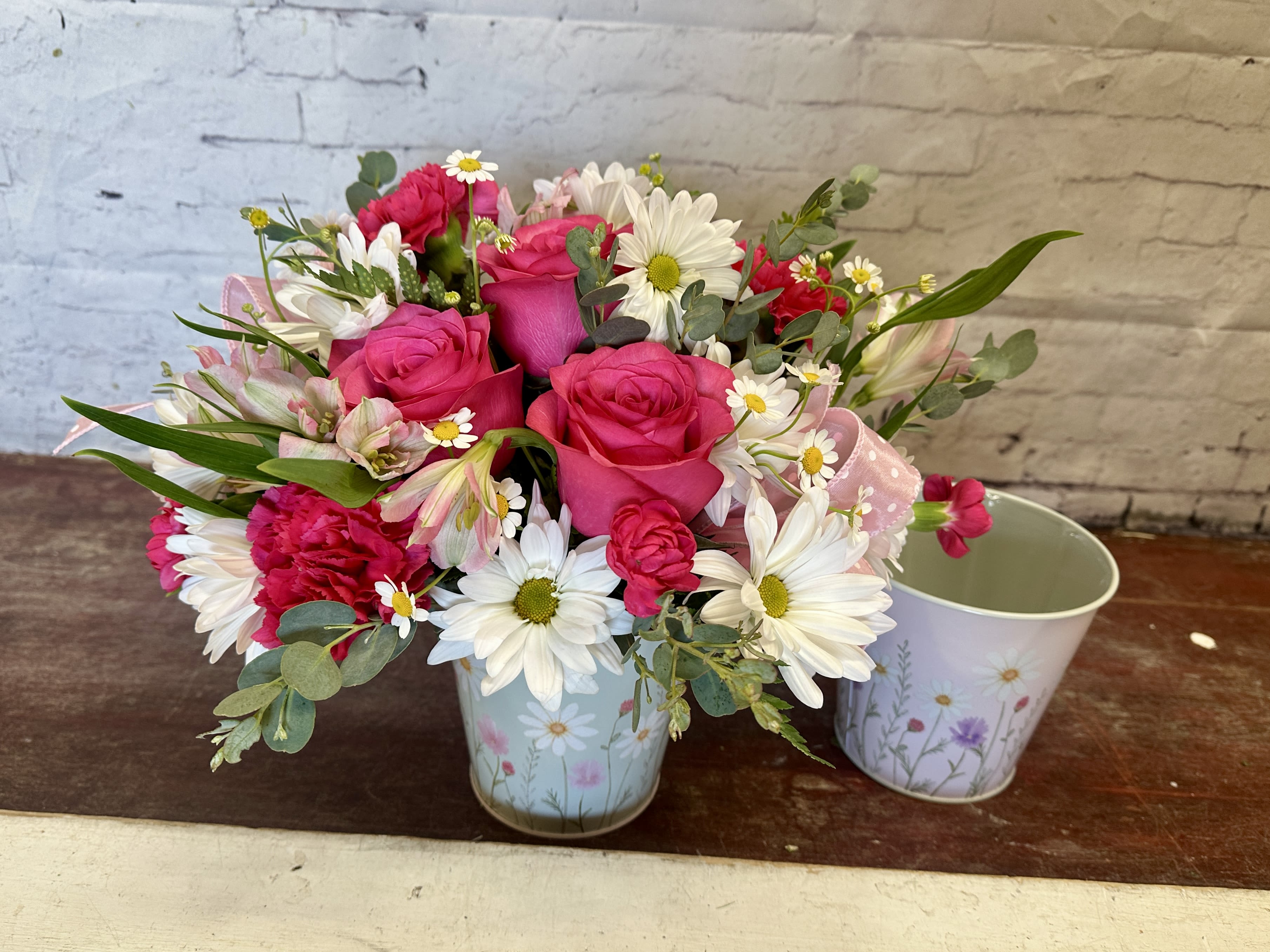 Picked for you - Bright pink roses, white daisies, pale alstroemeria and carnations arranged in a pastel metal wildflower tin 