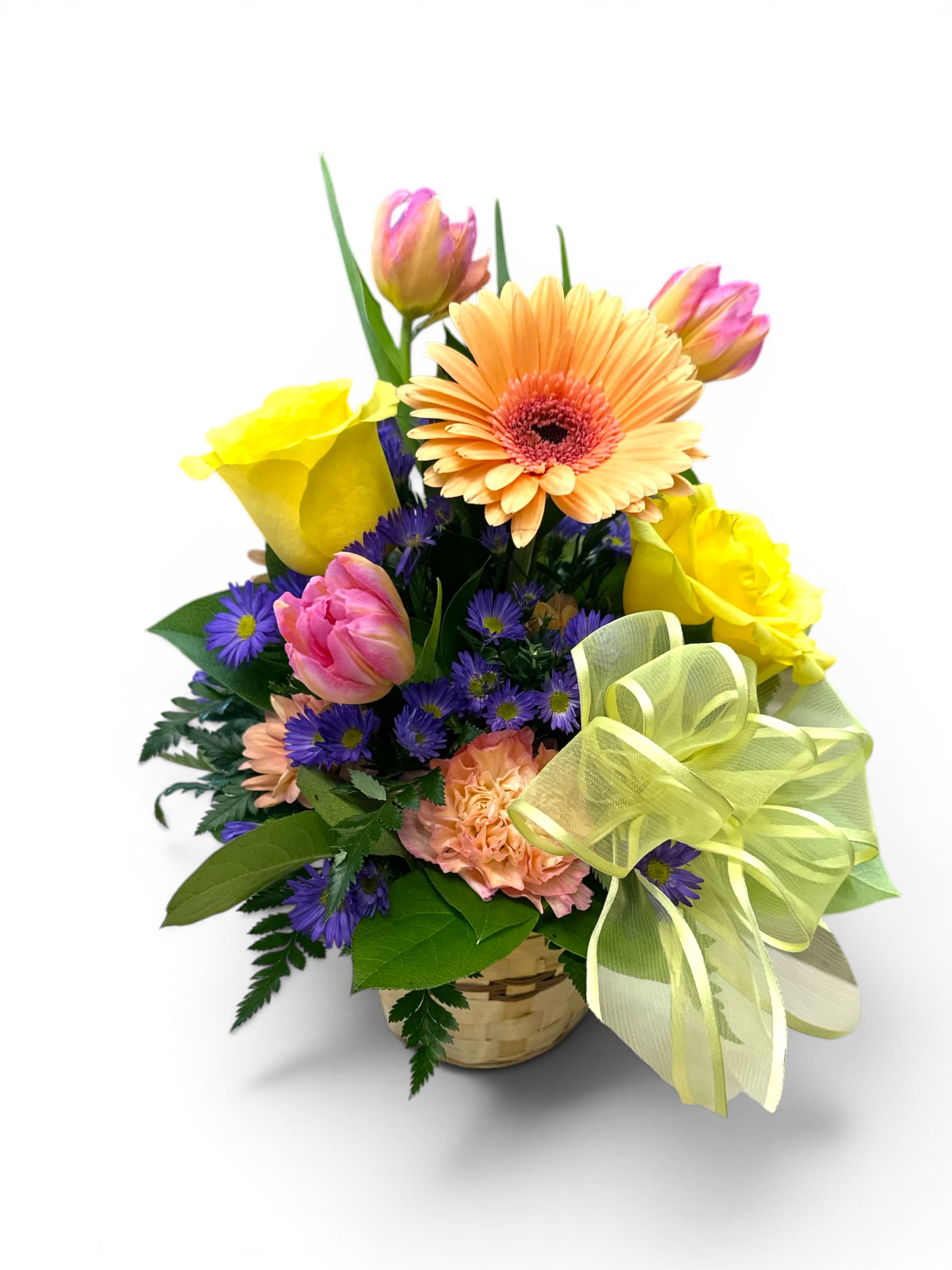 May Day Basket - Celebrate May Day with a cheerful basket arrangement, thoughtfully designed to value. While the specific flower varieties may vary based on availability, your basket will feature a vibrant mix of fresh blooms 