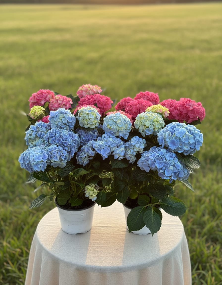 Potted Hydrangea - Pricing includes a basket and an accenting bow.  Color will vary.