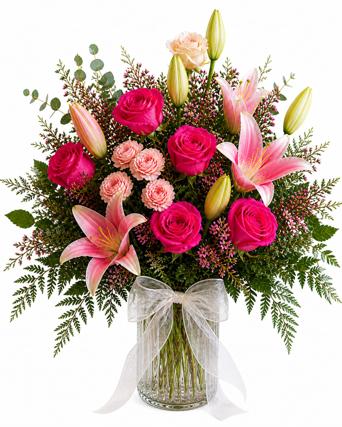 Garden Elegance (10% off Mother's Day Special) - Bright hot-pink and peach roses circling a pale pink lily give this garden-style arrangement an immediate, joyful presence - perfect as a birthday bouquet, anniversary flowers, or a thoughtful just-because gift. The color story of pink, peach, white, and green reads romantic and cheerful, so the person you're sending it to will feel both celebrated and genuinely seen the moment it arrives.  A loose, airy design mixes roses, a large pale pink lily, and delicate filler blossoms with long, branching greenery for a natural, freshly-cut look. It arrives in a clear glass vase tied with a sheer ribbon for a soft, polished finish; the shape is full yet garden-like, letting stems breathe and display texture and movement.  Choose this arrangement to mark birthdays, anniversaries, or to brighten someone's day - it says affection without fuss. Standard care: keep water fresh, recut stems every few days, and place out of direct sun or heat to enjoy the blooms longer.