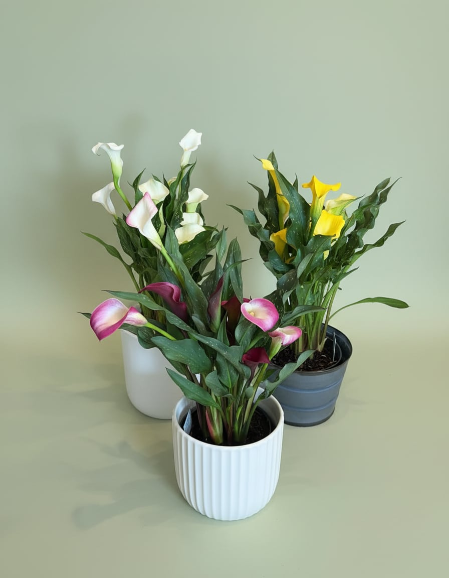 Potted Calla Lily  - Pricing includes a basket and an accenting bow. Color will vary.