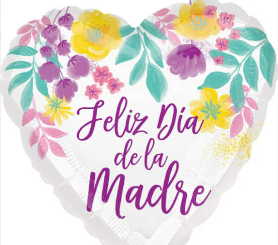 Heart-shaped balloon with floral print and Spanish Mother's Day text