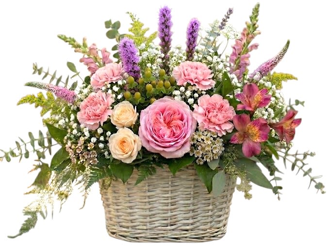 Mother's Day Blushing Spires - Perfect for spring occasions or whenever you want to brighten someone's day, this arrangement arrives ready to display in its woven basket. It's an easy, thoughtful way to mark a milestone or send a tender "thinking of you" message that will feel personal and fresh.