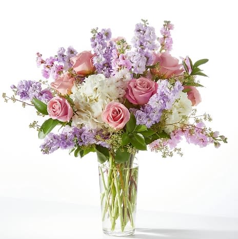 Embraced Bouquet - Wrap your recipient in love and warmth with this blooming bouquet of roses, hydrangea and fragrant eucalyptus.