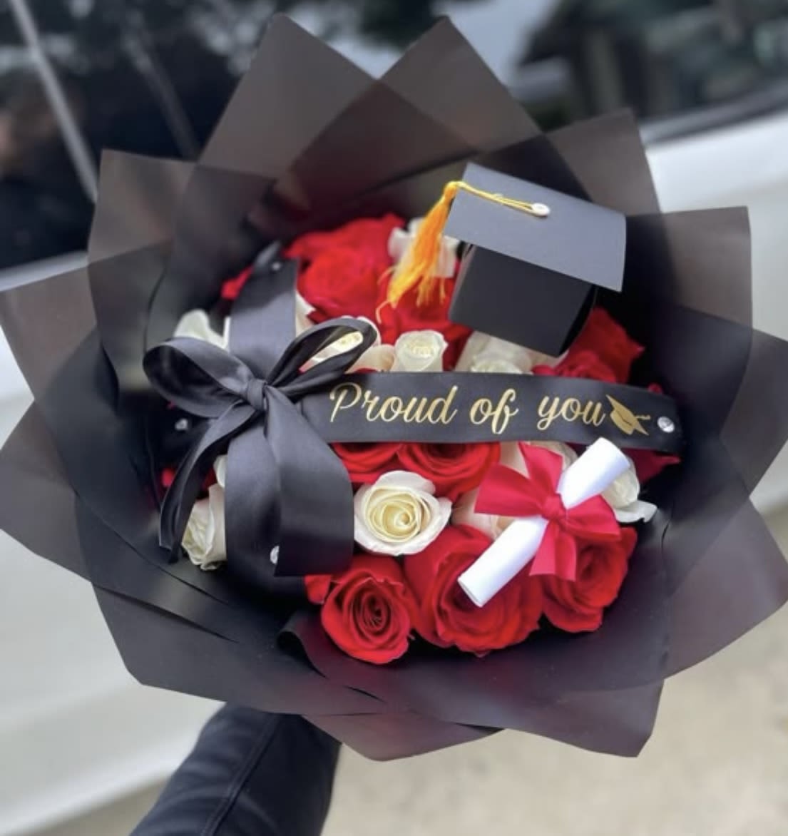 Graduation bouquet with 36 roses in red and white - Graduation bouquet with 36 roses in red and white, black wrapping 