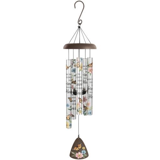 "In Our Hearts" 38" Wind Chime DISPLAYED ON A STAND - A "lasting" thoughtful tribute for those looking for a unique sympathy gift. This picturesque Wind chime is displayed on a stand with greenery and bow, suitable for delivery to a funeral home/service. Printed on each tine is "Now in God's hands, forever in our hearts." Also printed on each tine are pastel butterflies and flowers. Item is 38 inches long with 1 1/4 inch diameter tubes.