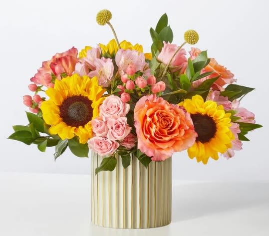 Sun's Out Bouquet - A combination as sweet as citrus, these peach, orange and yellow blooms shine to make this day a colorful one