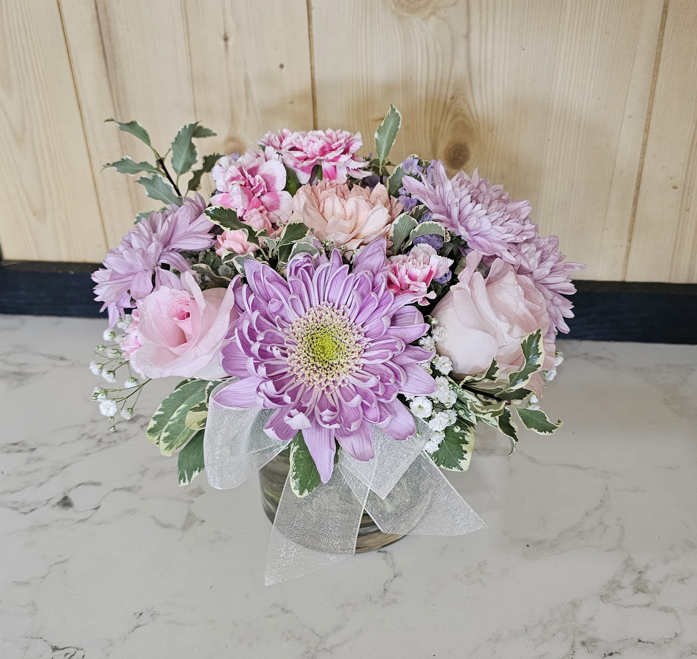 Momma's Hugs - Pastel colors arranged in a clear vase. 