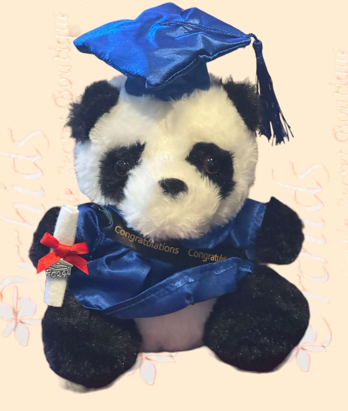 Graduation 6"H Plush Panda Bear Gift Class of 2024 - Add a touch of elegance and charm to your graduate celebration by gifting this adorable Graduation Plush Panda Bear Class of 2024 Graduation  with a royal blue graduation hat, blue bachelor gown, felt diploma on its arm, and elegant black sashes with congratulations words on its shoulders.   