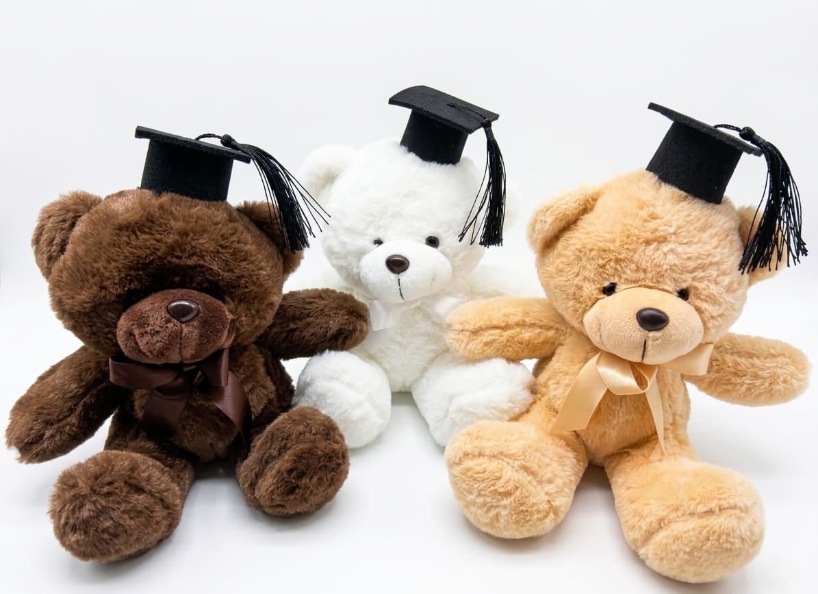 The Commemorative Grad Bear - An adorable, plush graduation keepsake available in three classic colors: chocolate brown, snowy white, and honey tan. Each soft bear comes dressed for the big day with a miniature black felt graduation cap, a matching black tassel, and a coordinating satin bow. These cuddly companions make a wonderful addition to any bouquet or gift set. Note: Bears are sold individually. Color requests can be made in the special instructions at checkout, though specific colors cannot be guaranteed.