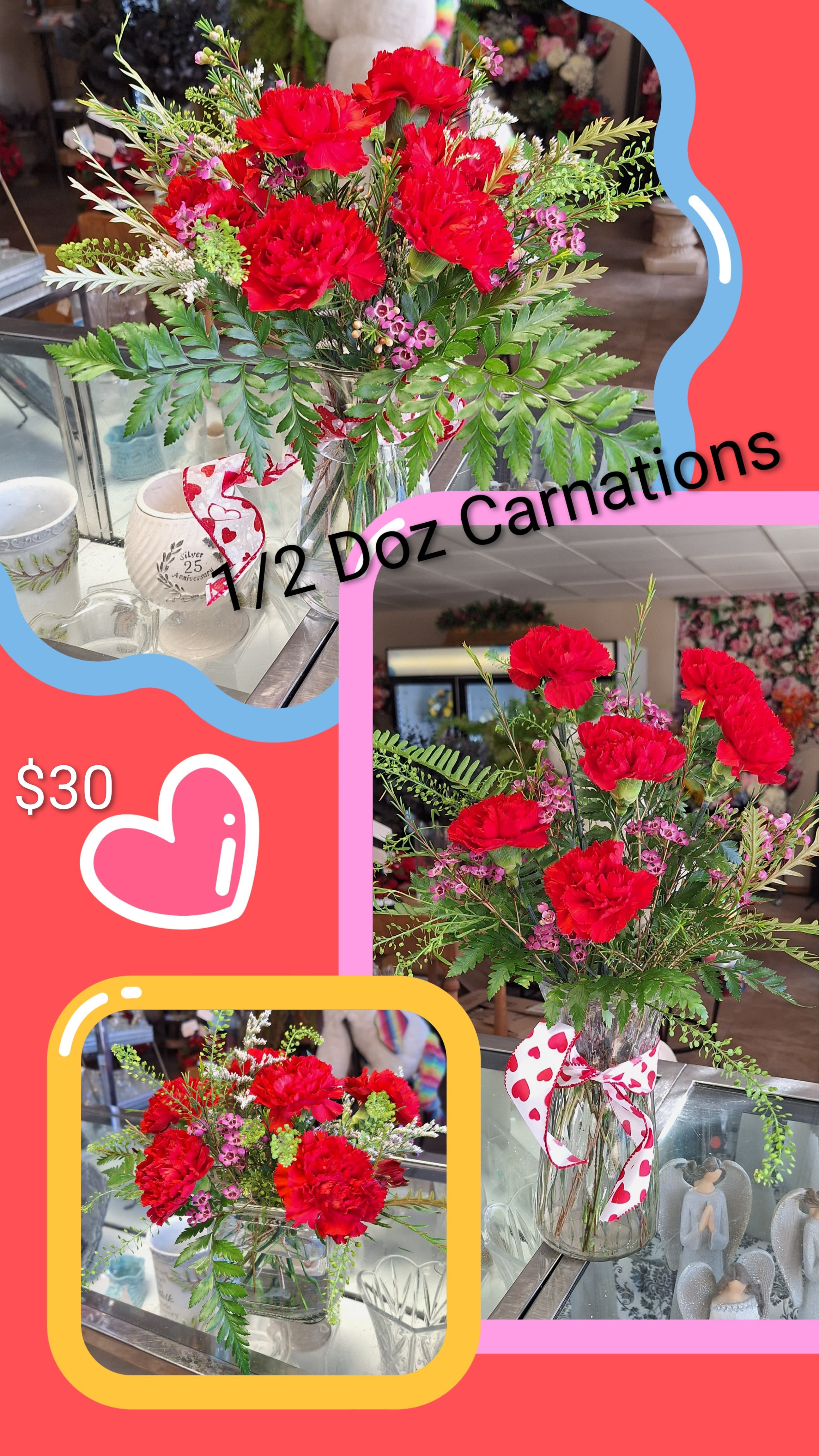 Red carnation bouquet in a glass vase with a heart ribbon