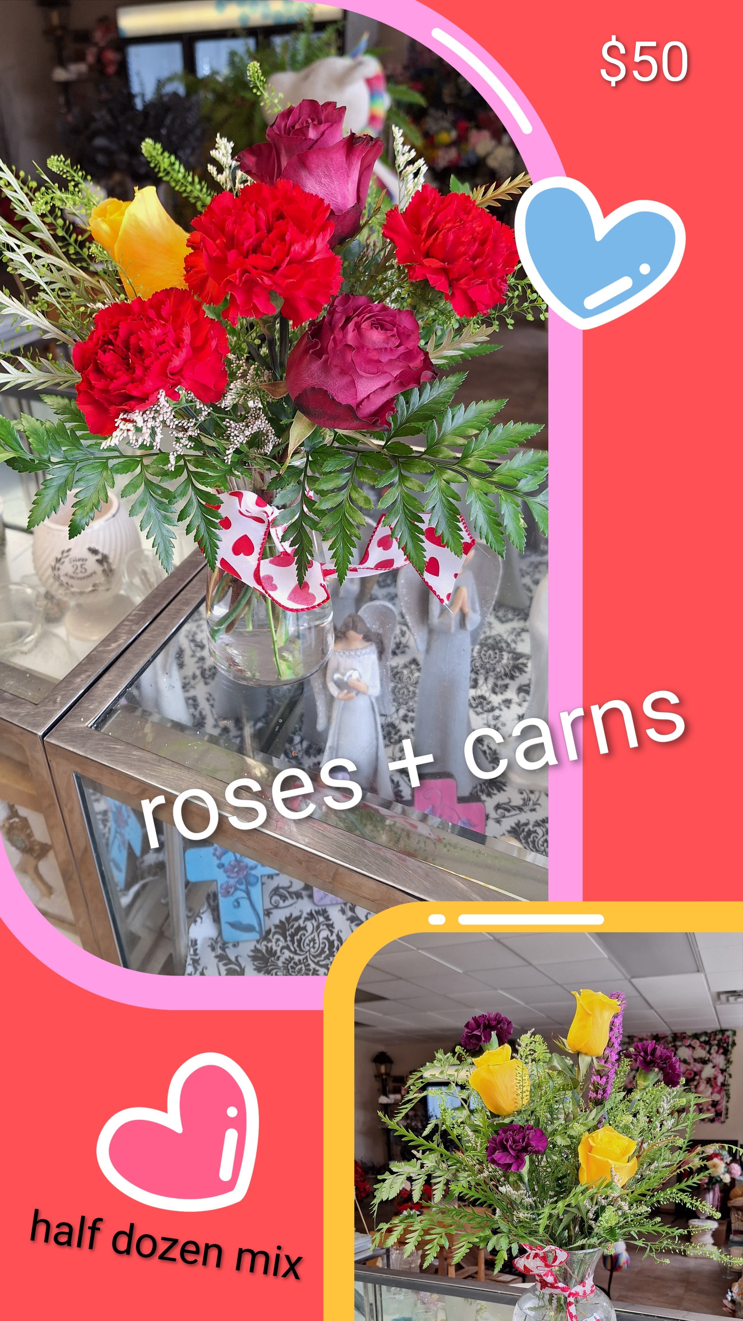 Mixed bouquet of roses and carnations in a glass vase with a heart ribbon.