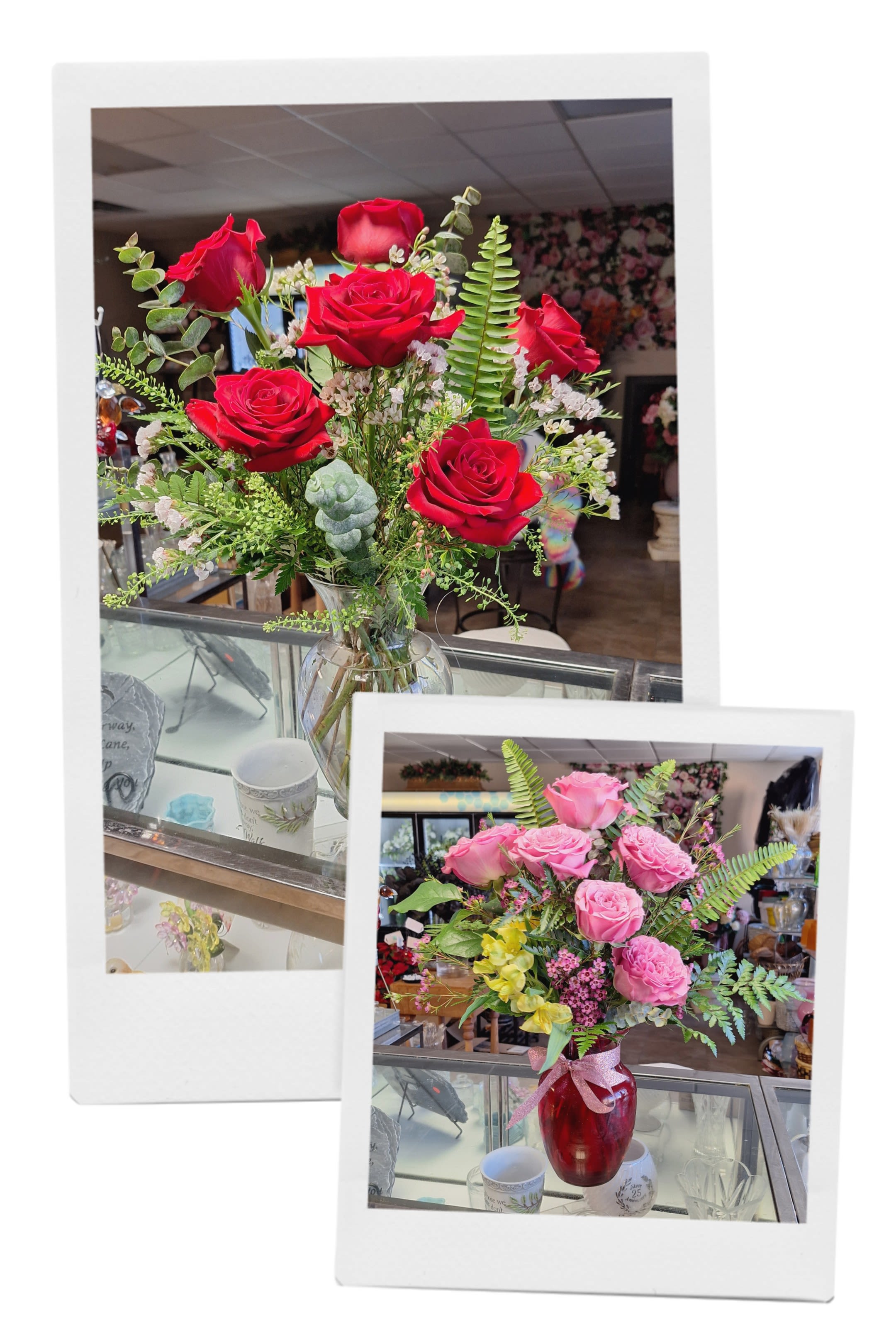 half a dozen Roses - Pick this traditional, I love you- 6 Roses, greens, filler, bow and a vase