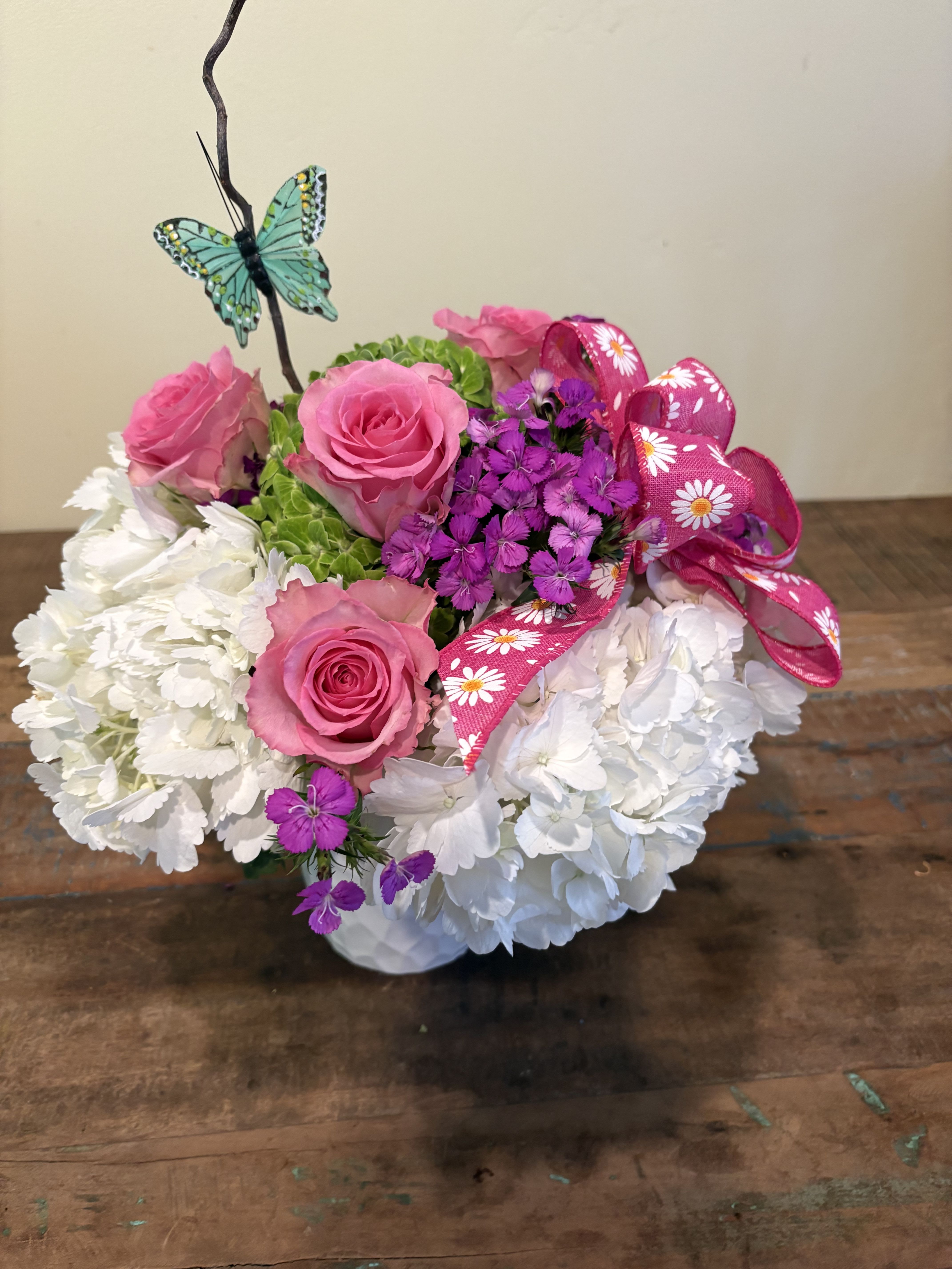 Mother’s Love - Assorted hydrangea with pink roses, dianthus and a butterfly