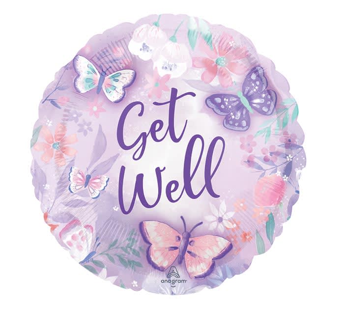 Round lavender balloon with butterflies and "Get Well" text