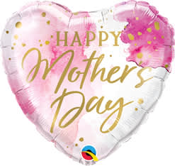 Mother's Day Watercolor Mylar - A standard sized mylar balloon shaped like a heart with pink and white watercolor design that reads "Happy Mother's Day"