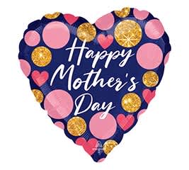 Jumbo Polka Dot Mother's Day Mylar - A jumbo sized mylar balloon that reads "Happy Mother's Day" and is navy with pink and gold polka dots.