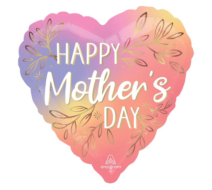 Happy Mother's Day Botanical mylar - Celebrate Mom with this stunning ombré heart-shaped 17" mylar balloon! Blending shades of purple, pink, and yellow, it features "Happy Mother’s Day" in elegant white and gold lettering, accented with delicate gold leaves. A perfect way to show your love and appreciation!