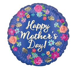 Blue Happy Mother's Day Mylar - A standard sized blue mylar covered in flowers that reads "Happy Mother's Day"