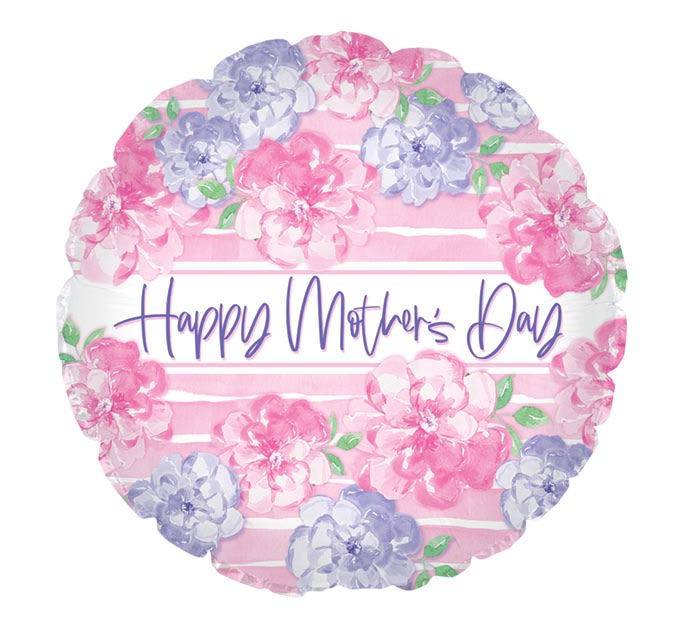 Pastel Floral Happy Mother's Day Mylar - This charming 17" mylar balloon circle set against a light pink background with white stripes, adorned with large lavender and pink flowers that makes a perfect addition to your Mother's Day gift. In the center, a white stripe features 'Happy Mother’s Day' in elegant purple script.