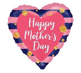 Navy &amp; Pink Striped Mother's Day Mylar - A standard sized heart-shaped mylar with pink &amp; navy stripes that reads "Happy Mother's Day"