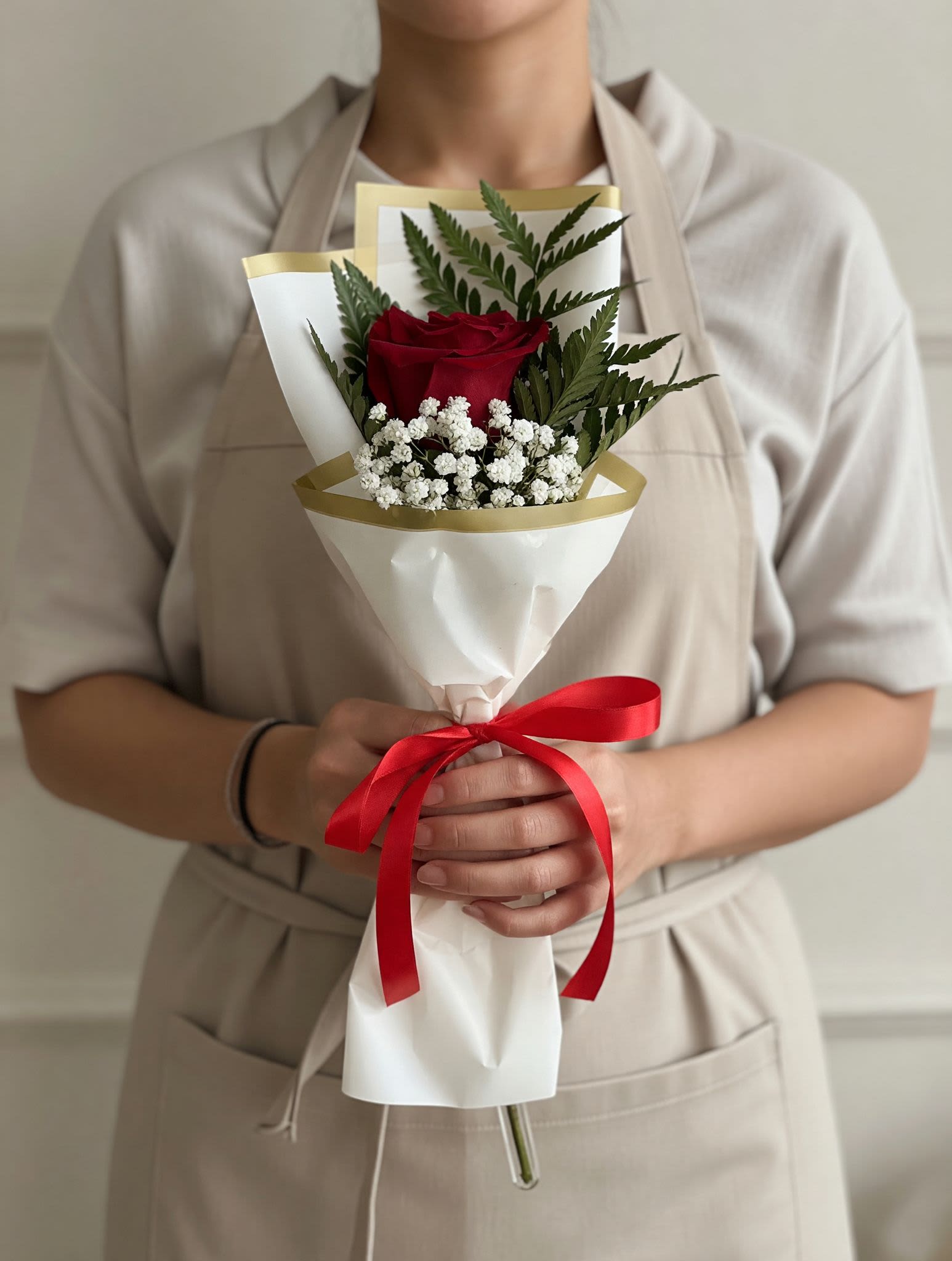 Classic Single Rose Wrap With Greenery  - Simple, elegant, and timeless — our Classic Single Rose Wrap is the perfect gesture when you want to say just enough.  This design features a premium long-stem red rose accented with delicate baby’s breath and fresh greenery, beautifully wrapped in soft neutral paper with gold trim and finished with a satin ribbon.  Perfect for small surprises, add-ons, or thoughtful moments, this piece proves that even the simplest flowers can make a lasting impression.  Ideal for Valentine’s Day, Mother’s Day add-ons, graduations, or just because.  Available in multiple ribbon colors upon request.