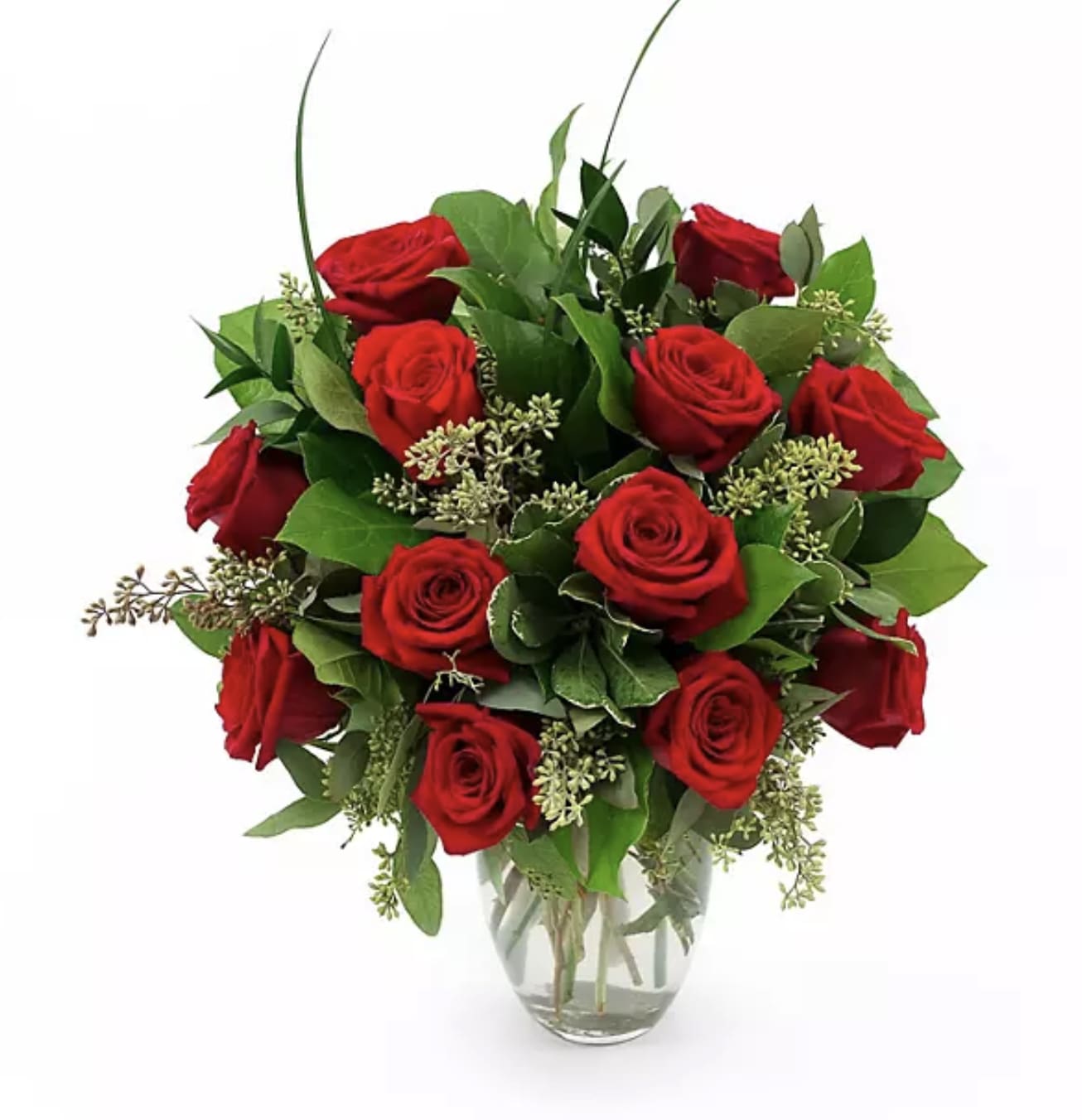 12 Red Roses in a Vase - This premium bouquet features classic and timeless Red Roses that symbolize love and romance, surrounded by fresh greenery for a designed look. The greenery includes aromatic Seeded Eucalyptus, Ruscus and Lily Grass. (these are not long stemmed )