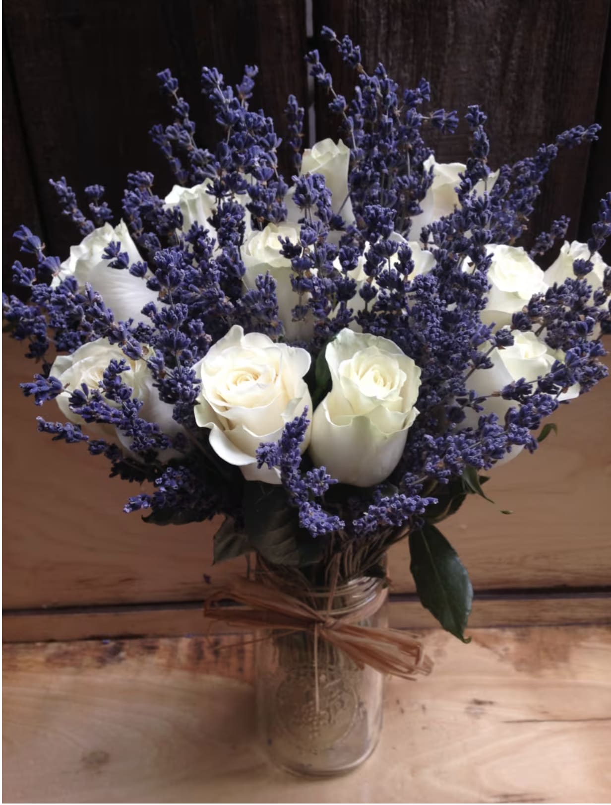 Take me to Provence - Dried Lavender with white roses in a Ball Jar